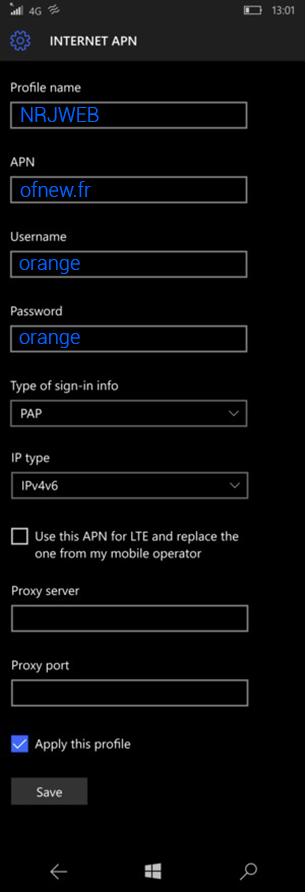 configuration APN NRJ Mobile Microsoft Lumia 535